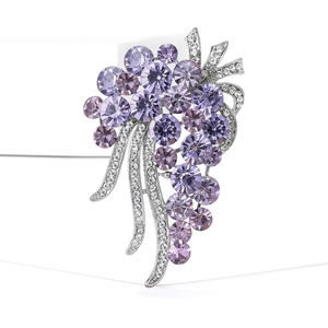 Elegant purple crystal grape brooch in silver finish with sparkling rhinestone details