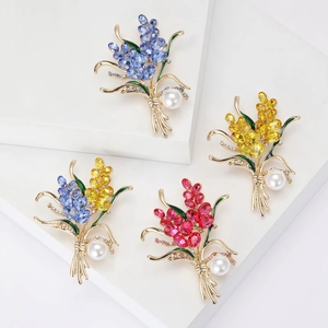 Broches élégantes en forme d'épi avec strass, feuilles en émail et perles pour femmes