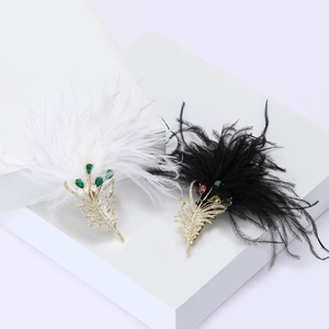 Elegant zircon feather brooches with colorful gemstones on gold alloy base