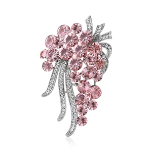 Elegant silver-plated flower brooch with pink crystals and micro-pave white rhinestones