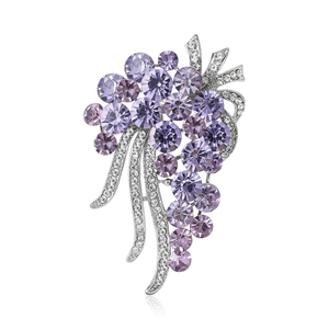Exquisite grape-shaped brooch with purple rhinestones and clear crystals in silver finish