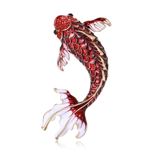 Exquisite red koi fish brooch in gold-plated alloy with enamel and rhinestones on white background