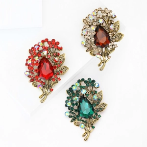 Vintage crystal rhinestone brooches with water-drop gems in red, green and amber colors