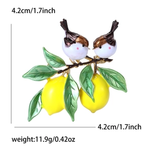 Broche citron émaillée à la mode avec oiseaux, bijoux jaunes et verts de 4,2 cm
