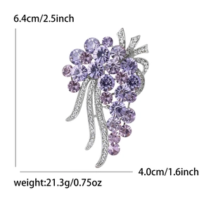 Elegant purple crystal grape brooch in silver finish with size and weight metrics