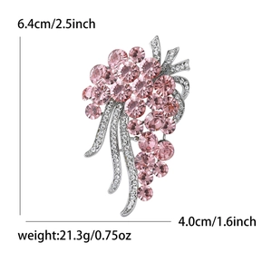 Elegant grape brooch with pink crystals and silver leaves, size 6.4cm by 4.0cm