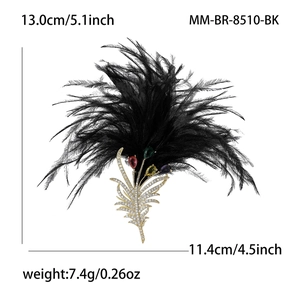 Luxury black feather brooch with gold base and colorful gemstones for women clothing