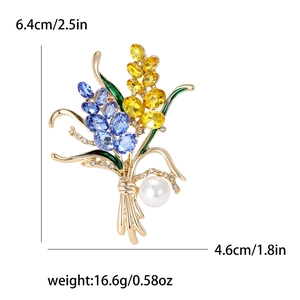 Broche épi de blé dorée élégante avec cristaux bleus et perle blanche 6,4cm x 4,6cm