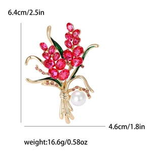 Élégante broche d'épi de blé dorée avec cristaux rouges et perle blanche, 6,4x4,6cm