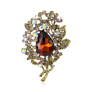 Vintage Artificial Crystal Floral Brooch Large Teardrop Alloy Rhinestone Inlaid Fashion Elegant Clothing Pin Jewelry For Women