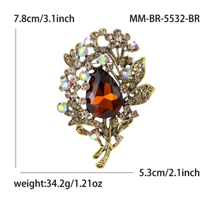 Vintage large crystal brooch pin with brown teardrop gemstone and sparkling rhinestones