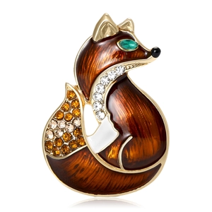 Niedliche Fuchs-Brosche mit brauner Emaille und funkelnden Strasssteinen auf Goldrahmen