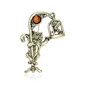 Retro Alloy Antique Cat Birdcage Brooch With Amber Resin Inlaid Animal Lapel Pin For Women Coat Cardigan Jewelry Accessories