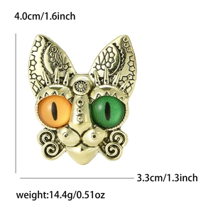 Cute crystal cat brooch with mismatched eyes and moon engraving showing product dimensions