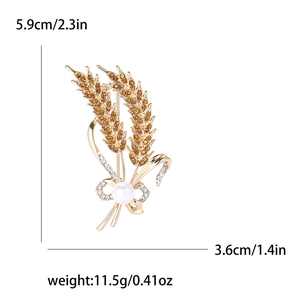 Exquisite wheat ear brooch in gold alloy with amber rhinestones and white pearl detail