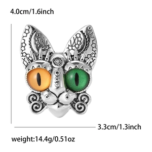 Bohemian style silver cat brooch with unique green and orange eyes, size 4.0x3.3cm