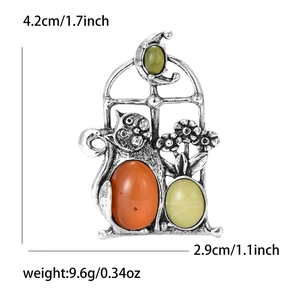 Silver retro cat brooch with colorful gemstones and moon design for women's suits