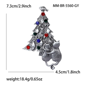 Vintage silver Christmas tree brooch with colorful rhinestones and two cats motif