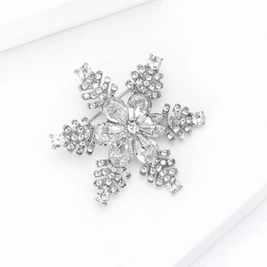 Detailansicht der silbernen Schneeflocken-Brosche mit glitzernden Kristallen auf weißem Sockel