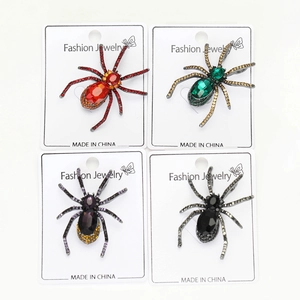 Detailed grid view of spider brooches with colorful rhinestones on display cards