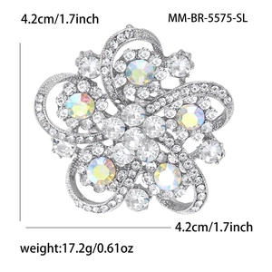 Detail shot of rhinestone flower brooch showing 4.2cm size and 17.2g weight measurement