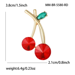 Broche cerise rouge avec feuille verte et strass, affichage de taille 3,8x2,1 cm