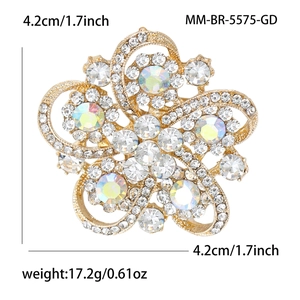 Detail showing elegant gold hollow flower brooch with crystal rhinestones and size specs