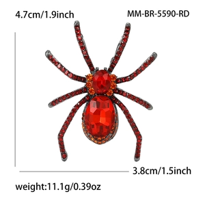 Detailed macro view showing red rhinestone spider brooch size 4.7cm x 3.8cm with dimensions
