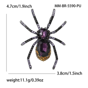 Detailed size view of a purple crystal spider brooch with measurements 4.7cm by 3.8cm