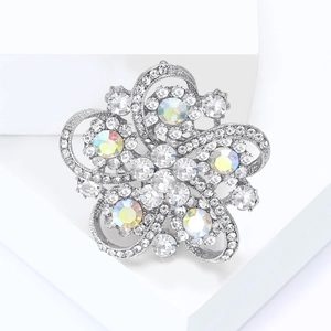 Elegant silver flower brooch with white rhinestones and iridescent AB stones for women