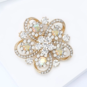 Elegant floral alloy brooch with sparkling rhinestones and AB crystals on white stand