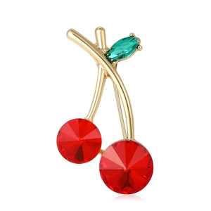 Broche Cerise Rouge Mignonne en Strass Alliage Plaquée Or Feuille Verte Corsage de Fruit pour Femme Bijoux de Mode Accessoire Cadeau
