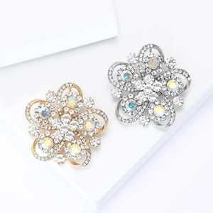Elegant floral rhinestone brooch pins in gold and silver finish with sparkling AB crystals