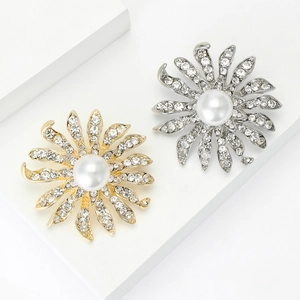 Broches tournesol de luxe avec perles et strass scintillants en finitions or et argent