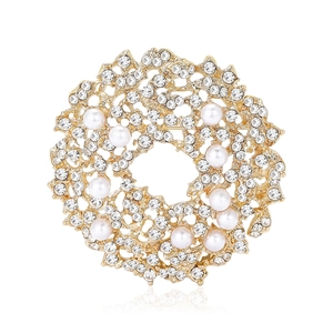 Elegant Alloy Rhinestone Sun Wreath Brooch Pin With White Artificial Pearls For Women Suit Sweater Accessories Fashion Jewelry Gift