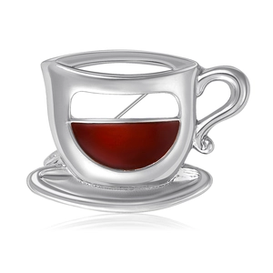Broche exquise en forme de tasse à café évidée en alliage d'argent et émail rouge foncé