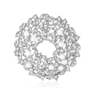 Elegant silver sunflower wreath brooch with sparkling crystals and white pearls for women