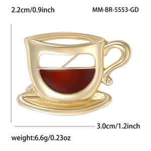 Broche tasse à café dorée avec émail rouge et design évidé en alliage de haute qualité
