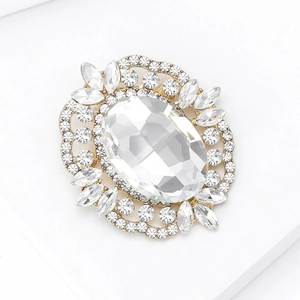 Broche élégante en alliage doré avec grand cristal ovale et strass étincelants