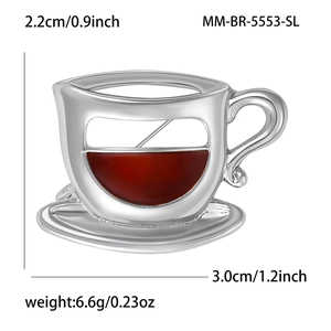 Broche tasse à café évidée en alliage créatif avec émail rouge et finition argentée