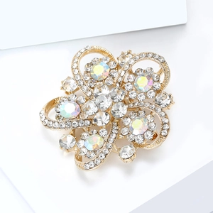 Macro close-up of crystal floral brooch featuring AB rhinestones on golden alloy