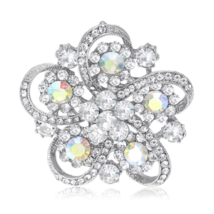 Elegant silver flower brooch with sparkling rhinestones and AB crystal petals for suits