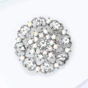 Elegant silver sunflower brooch with sparkling rhinestones and iridescent AB crystals