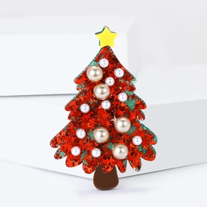 Elegant Christmas tree brooch with red acrylic, green sequins and pearl ornaments