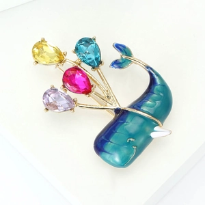 Charming whale brooch with colorful water-drop gemstones and gold-plated alloy finish