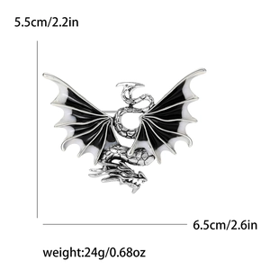 Regal dragon brooch with black and white enamel wings in polished zinc alloy finish