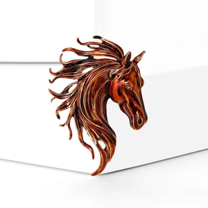 Exquisite horse head alloy brooch with rich red-brown enamel and dynamic mane details