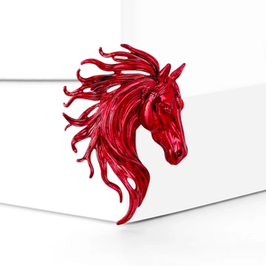 Polished deep red horse head brooch with metallic glaze finish for fashion accessories