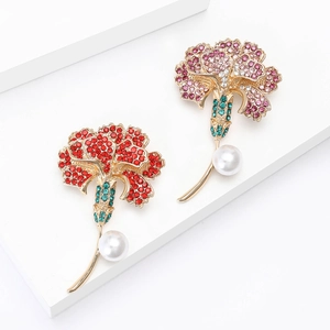 Elegant Alloy Carnation Floral Brooch Rhinestone Enamel Pin With Faux Artificial Pearl For Women Wedding Party Clothing Accessory Gift