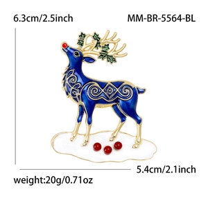 Élégante broche renne de Noël en émail bleu foncé avec bois dorés et feuilles de houx